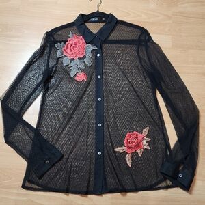 K-Zell Black Sheer Stretch Mesh Red Floral Embroidery Long Sleeve Button Shirt 3